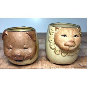 2 Handcrafted Stoneware Animal-Themed Mugs With Pig & Lion Faces UCTCI